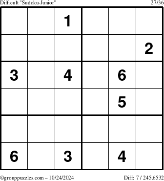 The grouppuzzles.com Difficult Sudoku-Junior puzzle for Thursday October 24, 2024