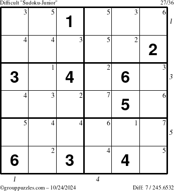 The grouppuzzles.com Difficult Sudoku-Junior puzzle for Thursday October 24, 2024 with all 7 steps marked