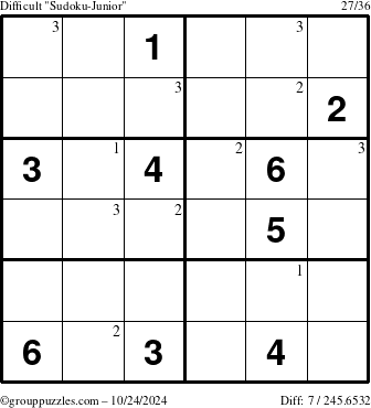 The grouppuzzles.com Difficult Sudoku-Junior puzzle for Thursday October 24, 2024 with the first 3 steps marked