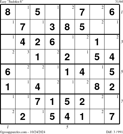 The grouppuzzles.com Easy Sudoku-8 puzzle for Thursday October 24, 2024 with all 3 steps marked