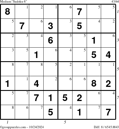 The grouppuzzles.com Medium Sudoku-8 puzzle for Thursday October 24, 2024 with all 8 steps marked