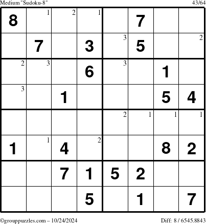 The grouppuzzles.com Medium Sudoku-8 puzzle for Thursday October 24, 2024 with the first 3 steps marked