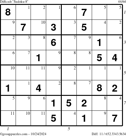 The grouppuzzles.com Difficult Sudoku-8 puzzle for Thursday October 24, 2024 with all 11 steps marked