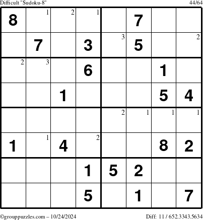 The grouppuzzles.com Difficult Sudoku-8 puzzle for Thursday October 24, 2024 with the first 3 steps marked