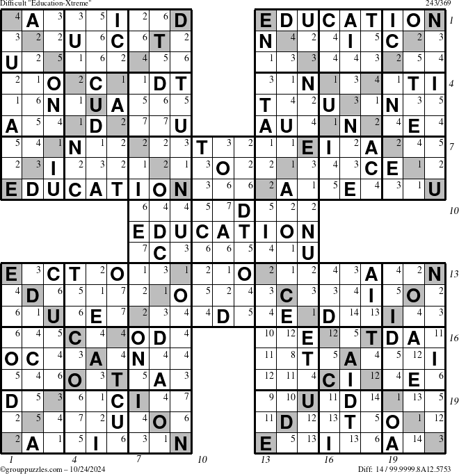 The grouppuzzles.com Difficult Education-Xtreme puzzle for Thursday October 24, 2024 with all 14 steps marked