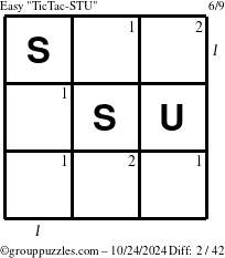 The grouppuzzles.com Easy TicTac-STU puzzle for Thursday October 24, 2024 with all 2 steps marked