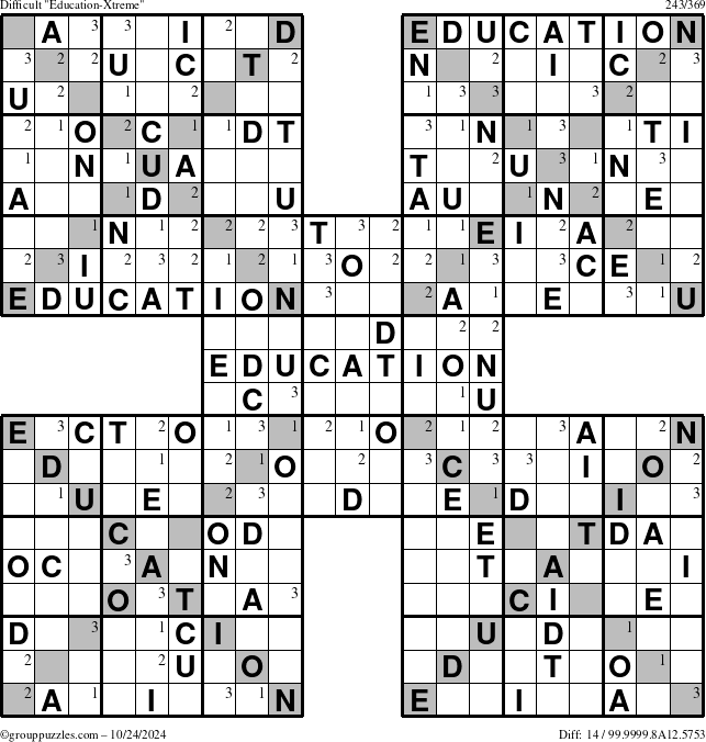 The grouppuzzles.com Difficult Education-Xtreme puzzle for Thursday October 24, 2024 with the first 3 steps marked