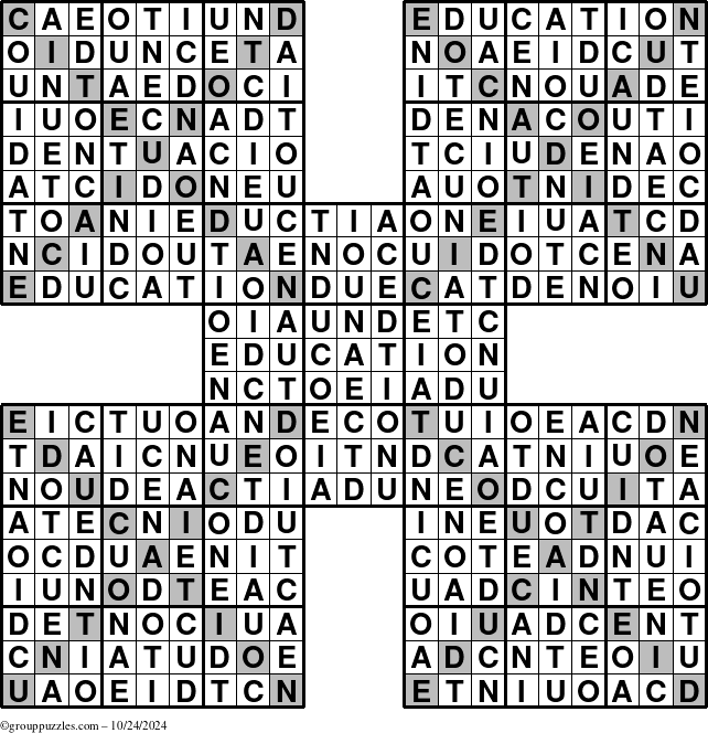 The grouppuzzles.com Answer grid for the Education-Xtreme puzzle for Thursday October 24, 2024