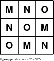 The grouppuzzles.com Answer grid for the TicTac-MNO puzzle for Saturday September 6, 2025