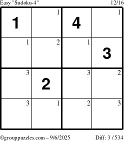 The grouppuzzles.com Easy Sudoku-4 puzzle for Saturday September 6, 2025 with the first 3 steps marked