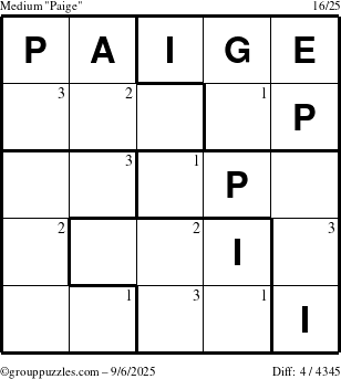 The grouppuzzles.com Medium Paige puzzle for Saturday September 6, 2025 with the first 3 steps marked