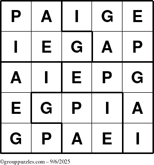 The grouppuzzles.com Answer grid for the Paige puzzle for Saturday September 6, 2025