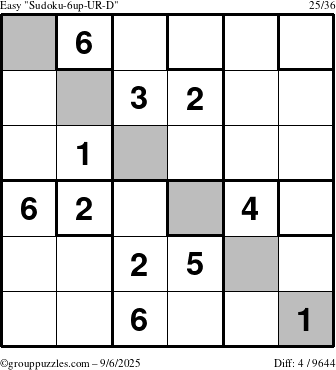 The grouppuzzles.com Easy Sudoku-6up-UR-D puzzle for Saturday September 6, 2025