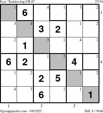 The grouppuzzles.com Easy Sudoku-6up-UR-D puzzle for Saturday September 6, 2025 with all 4 steps marked