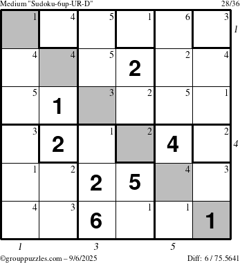 The grouppuzzles.com Medium Sudoku-6up-UR-D puzzle for Saturday September 6, 2025 with all 6 steps marked