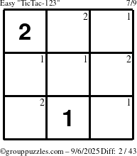 The grouppuzzles.com Easy TicTac-123 puzzle for Saturday September 6, 2025 with the first 2 steps marked