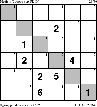 The grouppuzzles.com Medium Sudoku-6up-UR-D puzzle for Saturday September 6, 2025 with the first 3 steps marked