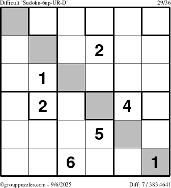 The grouppuzzles.com Difficult Sudoku-6up-UR-D puzzle for Saturday September 6, 2025