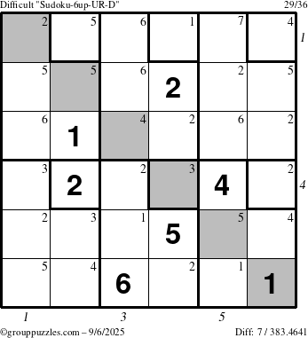 The grouppuzzles.com Difficult Sudoku-6up-UR-D puzzle for Saturday September 6, 2025 with all 7 steps marked