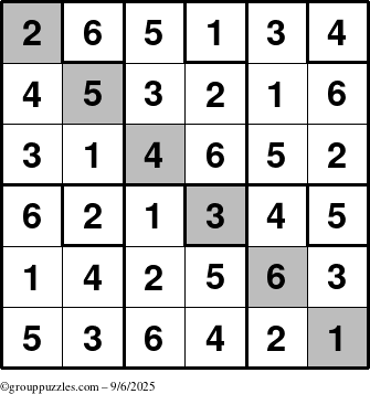 The grouppuzzles.com Answer grid for the Sudoku-6up-UR-D puzzle for Saturday September 6, 2025