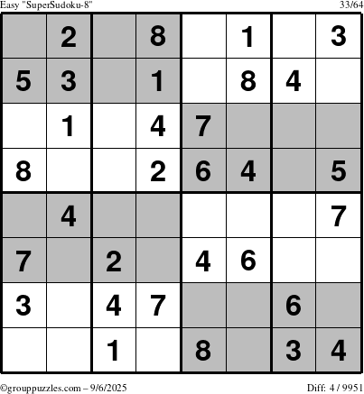 The grouppuzzles.com Easy SuperSudoku-8 puzzle for Saturday September 6, 2025