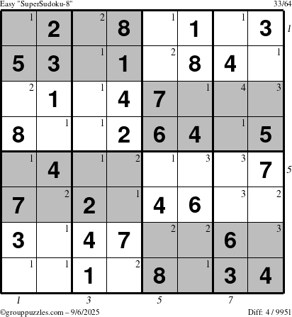 The grouppuzzles.com Easy SuperSudoku-8 puzzle for Saturday September 6, 2025 with all 4 steps marked