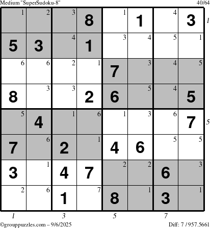 The grouppuzzles.com Medium SuperSudoku-8 puzzle for Saturday September 6, 2025, suitable for printing, with all 7 steps marked