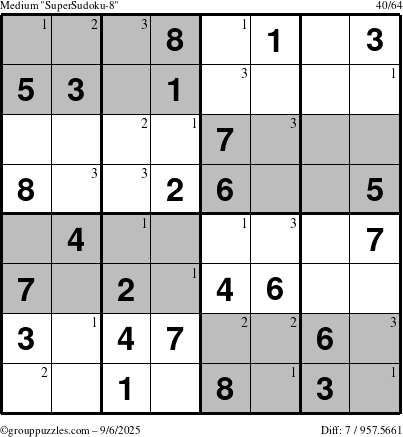 The grouppuzzles.com Medium SuperSudoku-8 puzzle for Saturday September 6, 2025 with the first 3 steps marked