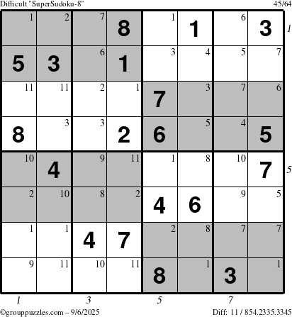 The grouppuzzles.com Difficult SuperSudoku-8 puzzle for Saturday September 6, 2025 with all 11 steps marked