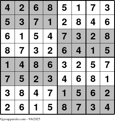 The grouppuzzles.com Answer grid for the SuperSudoku-8 puzzle for Saturday September 6, 2025