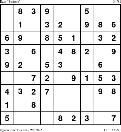 The grouppuzzles.com Easy Sudoku puzzle for Saturday September 6, 2025