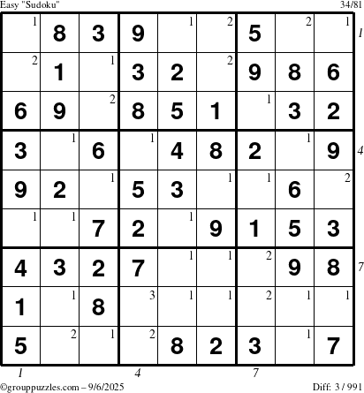 The grouppuzzles.com Easy Sudoku puzzle for Saturday September 6, 2025 with all 3 steps marked