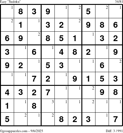 The grouppuzzles.com Easy Sudoku puzzle for Saturday September 6, 2025 with the first 3 steps marked