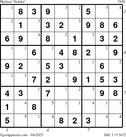 The grouppuzzles.com Medium Sudoku puzzle for Saturday September 6, 2025, suitable for printing, with all 5 steps marked