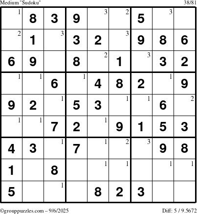 The grouppuzzles.com Medium Sudoku puzzle for Saturday September 6, 2025 with the first 3 steps marked