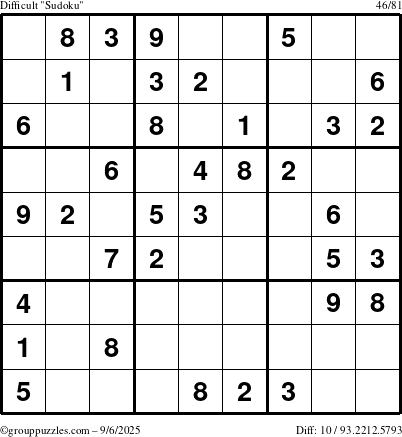 The grouppuzzles.com Difficult Sudoku puzzle for Saturday September 6, 2025