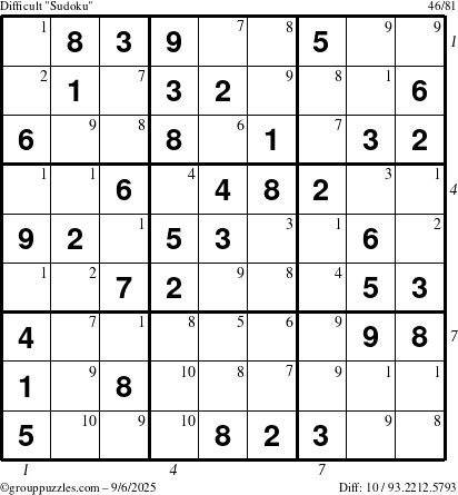 The grouppuzzles.com Difficult Sudoku puzzle for Saturday September 6, 2025 with all 10 steps marked