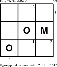 The grouppuzzles.com Easy TicTac-MNO puzzle for Saturday September 6, 2025 with all 2 steps marked