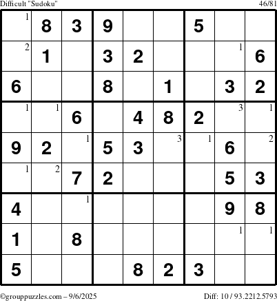 The grouppuzzles.com Difficult Sudoku puzzle for Saturday September 6, 2025 with the first 3 steps marked