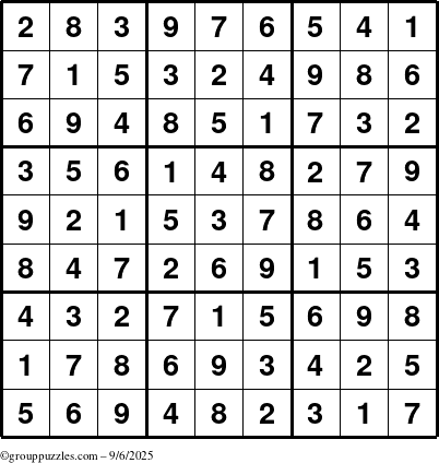 The grouppuzzles.com Answer grid for the Sudoku puzzle for Saturday September 6, 2025