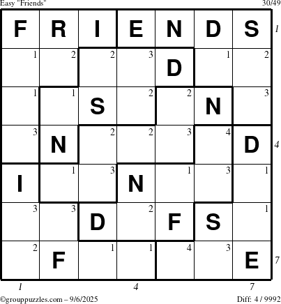 The grouppuzzles.com Easy Friends puzzle for Saturday September 6, 2025 with all 4 steps marked
