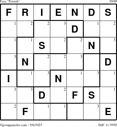 The grouppuzzles.com Easy Friends puzzle for Saturday September 6, 2025 with the first 3 steps marked