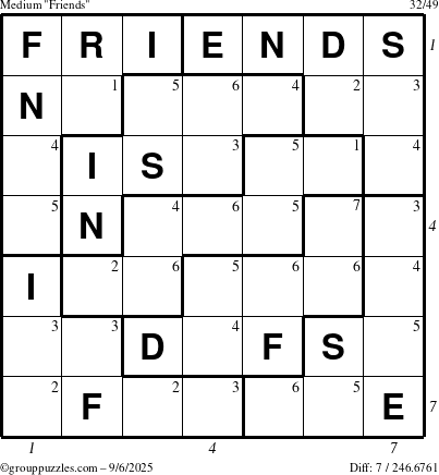 The grouppuzzles.com Medium Friends puzzle for Saturday September 6, 2025 with all 7 steps marked