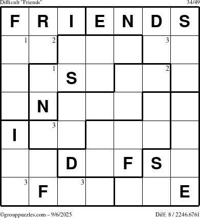 The grouppuzzles.com Difficult Friends puzzle for Saturday September 6, 2025 with the first 3 steps marked