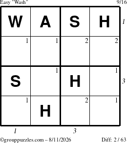 The grouppuzzles.com Easy Wash puzzle for Tuesday August 11, 2026, suitable for printing, with all 2 steps marked