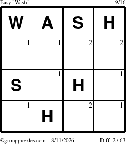 The grouppuzzles.com Easy Wash puzzle for Tuesday August 11, 2026 with the first 2 steps marked
