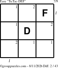 The grouppuzzles.com Easy TicTac-DEF puzzle for Tuesday August 11, 2026 with all 2 steps marked