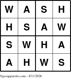 The grouppuzzles.com Answer grid for the Wash puzzle for Tuesday August 11, 2026
