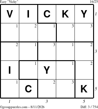 The grouppuzzles.com Easy Vicky puzzle for Tuesday August 11, 2026, suitable for printing, with all 3 steps marked