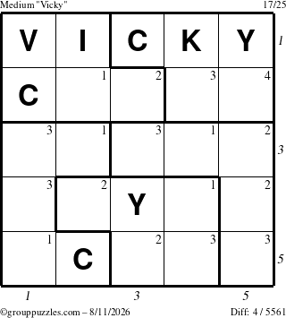 The grouppuzzles.com Medium Vicky puzzle for Tuesday August 11, 2026 with all 4 steps marked